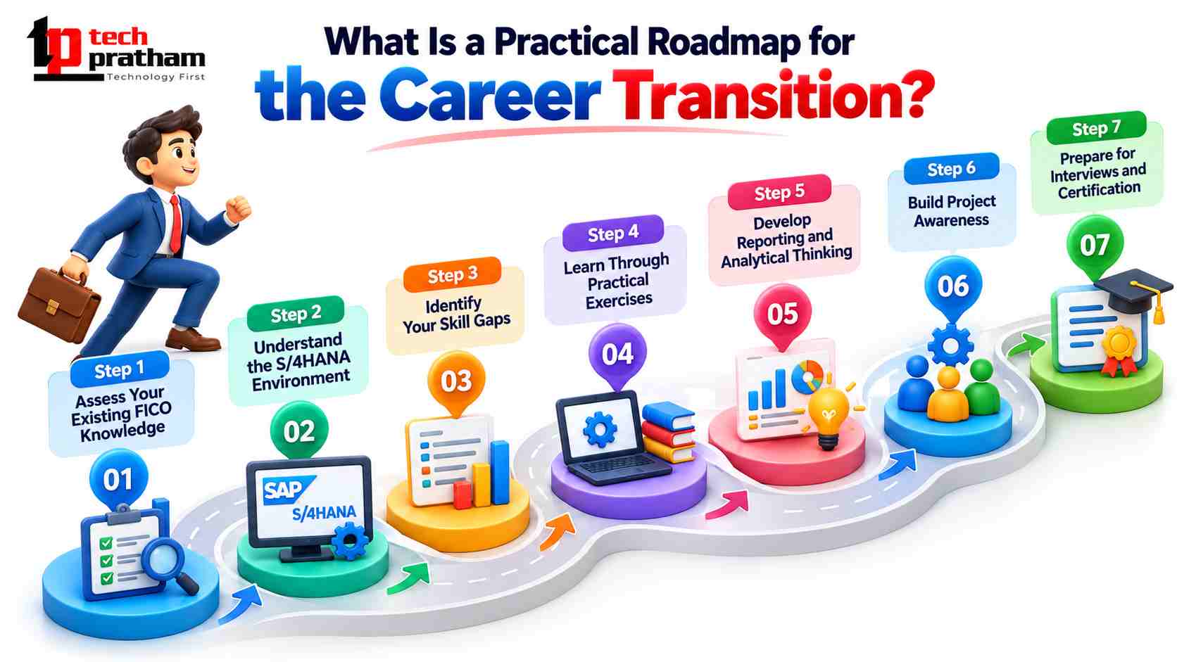Practical roadmap for SAP FICO professionals transitioning to SAP S/4HANA Finance, covering skill assessment, S/4HANA learning, practical exercises, project awareness, reporting skills, certification preparation, and career development.